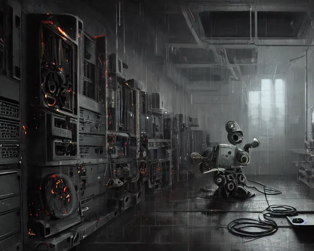 Image similar to gloomy ruined server room in datacenter robot automata rusty steel robot knight colossus welder pacing fixing mono eyed, sharp focus, emitting diodes, smoke, artillery, sparks, racks, system unit, motherboard, by pascal blanche rutkowski repin artstation hyperrealism painting concept art of detailed character design matte painting, 4 k resolution blade runner