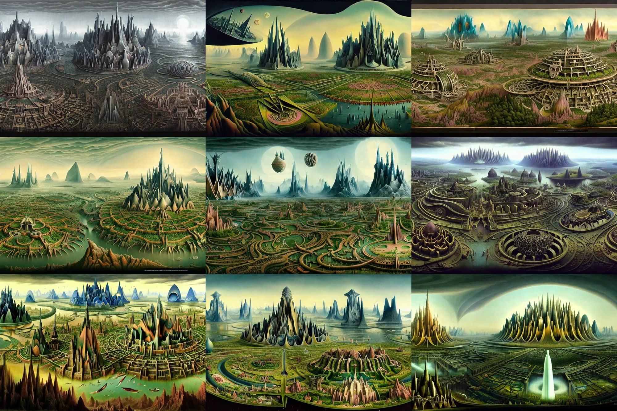Prompt: a beautiful and insanely detailed matte painting of an advanced sprawling civilization with surreal architecture designed by Heironymous Bosch, mega structures inspired by Heironymous Bosch's Garden of Earthly Delights, a beautiful and insanely detailed matte painting of an advanced sprawling civilization with surreal architecture designed by Heironymous Bosch, mega structures inspired by Heironymous Bosch's Garden of Earthly Delights, a beautiful and insanely detailed matte painting of a magical mythical medieval sprawling civilization with surreal architecture designed by Heironymous Bosch, mega structures inspired by Heironymous Bosch's Garden of Earthly Delights, creatures of the air and sea inspired by Heironymous Bosch's Garden of Earthly Delights, ships in the harbor inspired by Heironymous Bosch's Garden of Earthly Delights, vast surreal landscape and horizon by Jim Burns and Tyler Edlin, vast surreal landscape and horizon by Jim Burns and Tyler Edlin, rich pastel color palette, masterpiece!!, grand!, imaginative!!!, whimsical!!, epic scale, intricate details, sense of awe, elite, fantasy realism, complex layered composition!!
