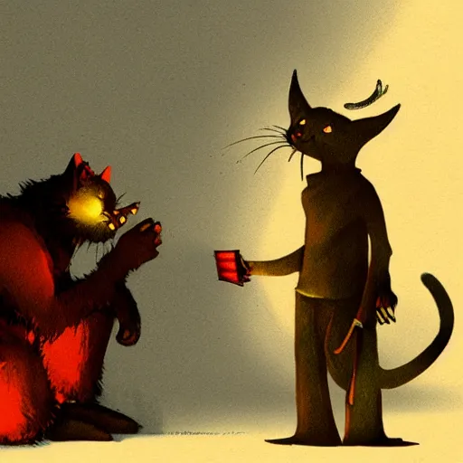 Image similar to concept art, devil offers money to a cat, high quality, detailed, eerie atmospher