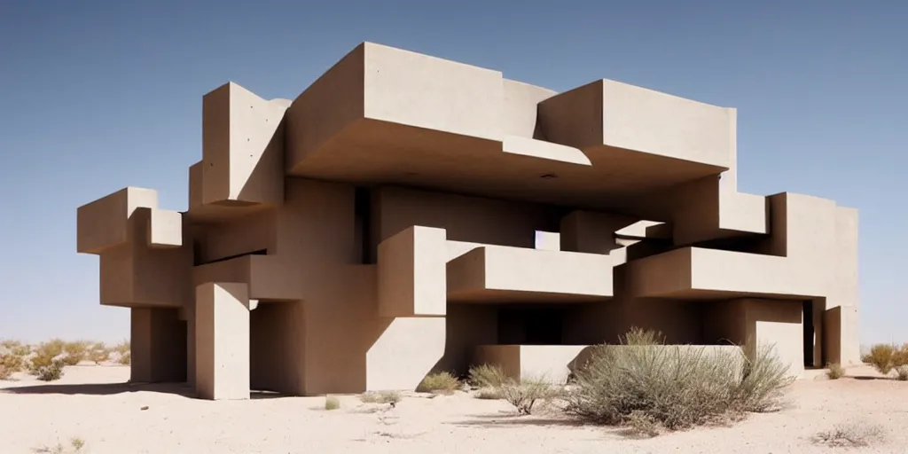 Image similar to a brutalist building in a stunning desert landscape inspired by altor aalto, architecture, bauhaus, pop surrealism, surrealism,