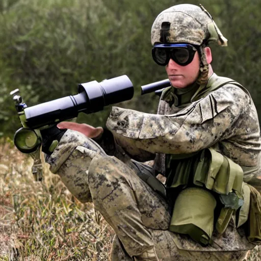 Image similar to a rare military frog equipped with rocket launcher and night vision target acquisition system, photo from us marines training exercise