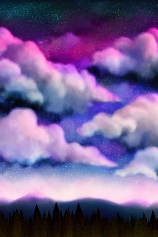 Image similar to matte painting layered night sky. Stars and a swirly starry night moon. pink and purple ombre puffy cotton candy clouds. Dark hills forest silhouette below. Cyril Roland