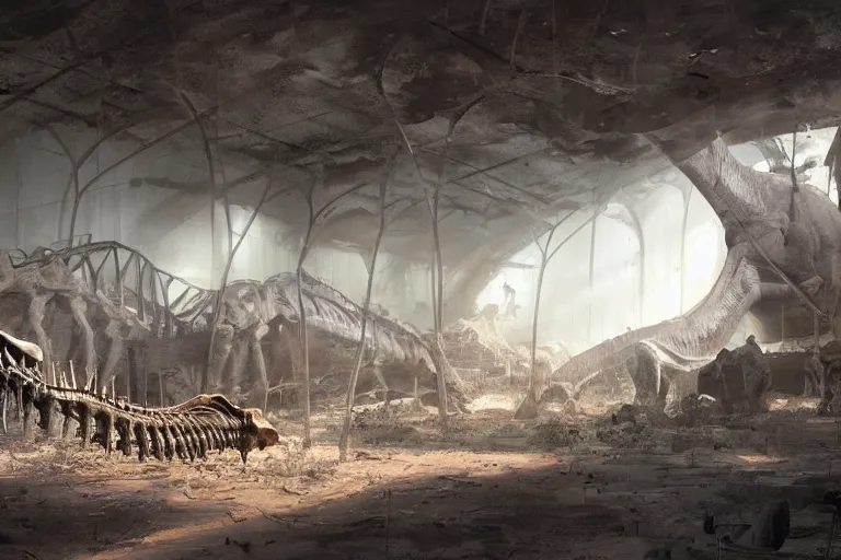 Image similar to abandoned dinosaur museum, gigantic dinosaur skeletons, cinematic, craig mullins, 8 k