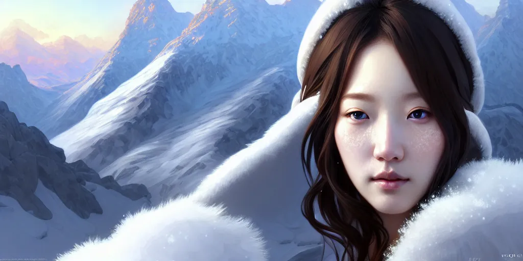 Image similar to beautiful digital painting of a hoyeon jung stylish female snow - covered mountains with high detail, real life skin, freckles, 8 k, stunning detail, works by artgerm, greg rutkowski and alphonse mucha, unreal engine 5, 4 k uhd