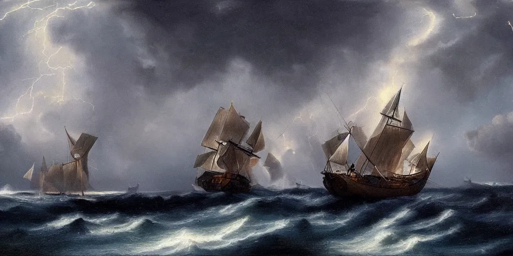 Image similar to a sail powered pirateship sailing through a powerful lighting storm, cliffs can be seen in the background, in the style of hudson river school, trending on art station, done in all blues