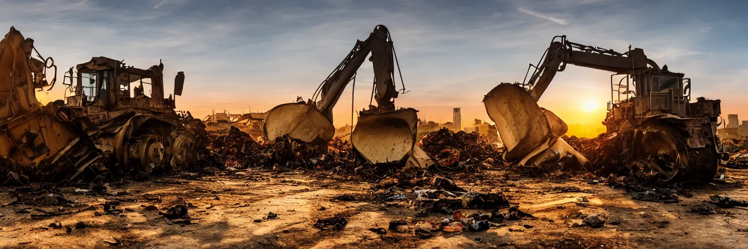 Image similar to Silhouette of bulldozer machine moving garbage on junkyard heap, photorealistic image, golden hour, low angle shot, very detailed