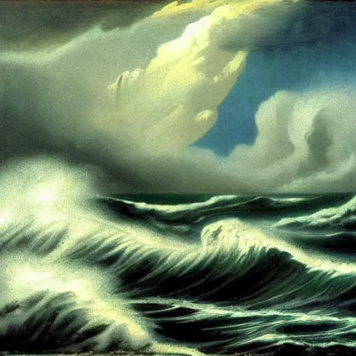 Image similar to A beautiful body art of a raging storm at sea, with huge waves crashing against the rocks. The sky is dark and ominous, and the sea is rough and choppy. Interstellar by Wilfredo Lam, by Jean-Léon Gérôme lively