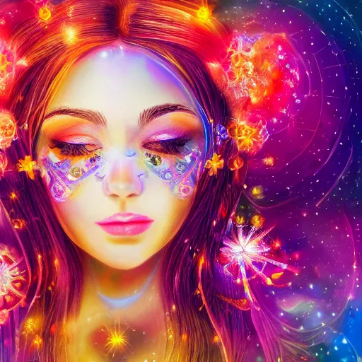 Prompt: Detailed Complex Colorful Magical Enchanted portrait of a Delicate Beautiful Celestial Creature of Light, Attractive, Beautiful, Seductive, Innocent, Pure, 4k, photorealistic