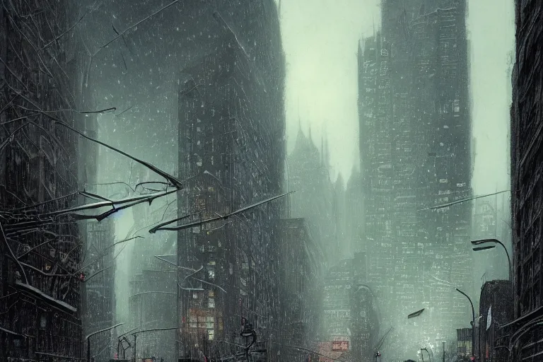 Image similar to New York city enveloped in ice, winter season, moody scene, highly detailed, intricate, sharp details, dystopian mood, 1950 scene by Victo ngai, David Rubín, Mike Mignola, Laurie Greasley ,gaston bussiere, craig mullins, somber lighting, drawn by Giacomo Burattini, inspired by graphic novel cover art, hyperrealistic, 8k by RHADS