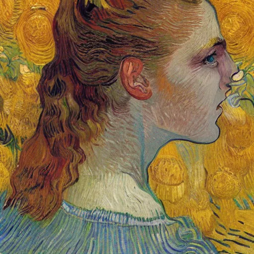 Image similar to a girl in amazing tall sunflower field, her hair flowing down, subtle, intricate details, real masterpiece, oil on canvas, by vincent van gogh