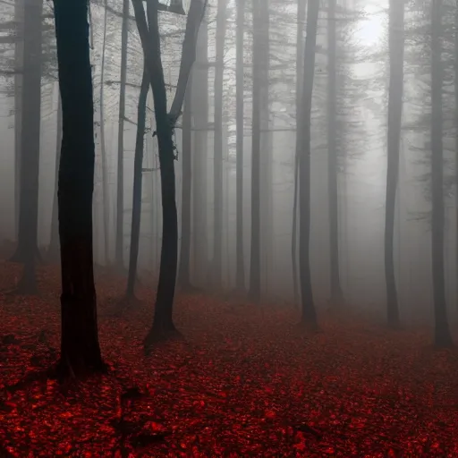 Prompt: a dark evil forest where the entire forest floor is covered in dark red leaved, blood red leaves, atmospheric fog, moon lit, vague outline of a dark figure