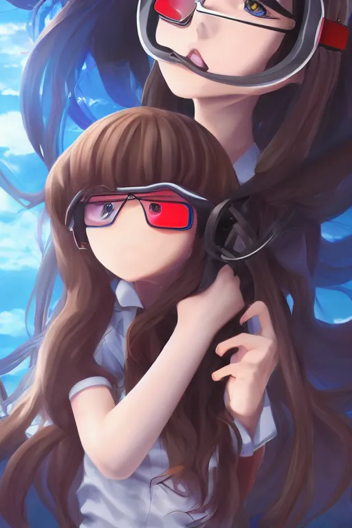 Prompt: anime girl with curly long hair wearing vr goggles and school uniform, aesthetic, wlop, digital painting, trending on artstation, highly detailed, epic composition, official media, 8 k uhd