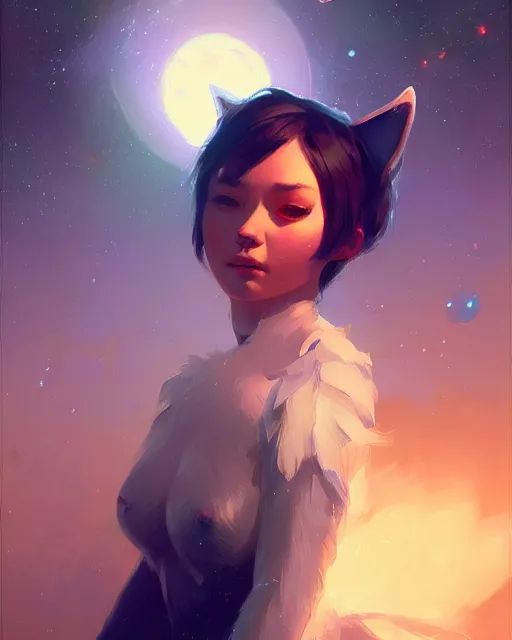 Image similar to a potrait of a space fanstasy cat, fine details. night setting. realistic shaded lighting poster by ilya kuvshinov katsuhiro, artgerm, jeremy lipkin and michael garmash, unreal engine, radiant light, detailed and intricate environment, digital art, trending on art station