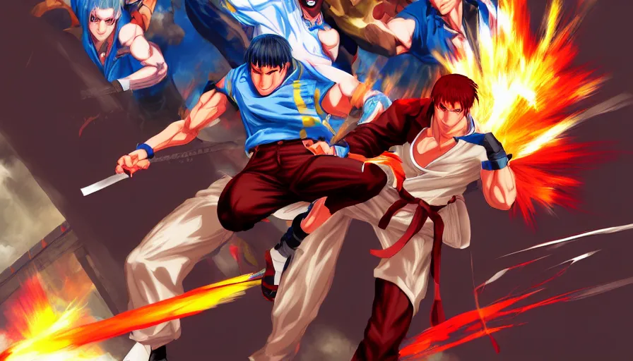 Image similar to concept art from kof snk 2 0 0 0 by jama jurabaev, cel shaded, cinematic shot, trending on artstation, high quality, brush stroke, amusement park on a old civilization