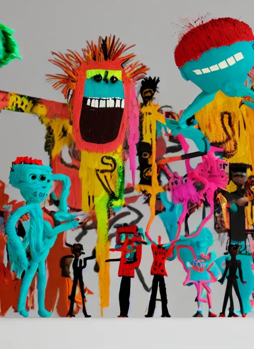 Prompt: house party full of large dancing monsters made out of 3D pipecleaners in the style of Jean-Michel Basquiat, 3D cinematic lighting, spotlight at a 90 DEGREE ANGLE, photorealism, octane render, depth of field, 8k, 35mm, artgem, Trending on artstation