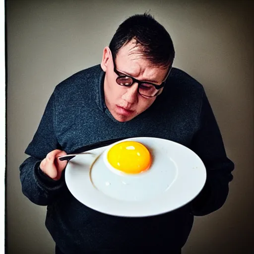 Prompt: “A portrait of a man glaring angrily at his fried egg because the yolk broke”