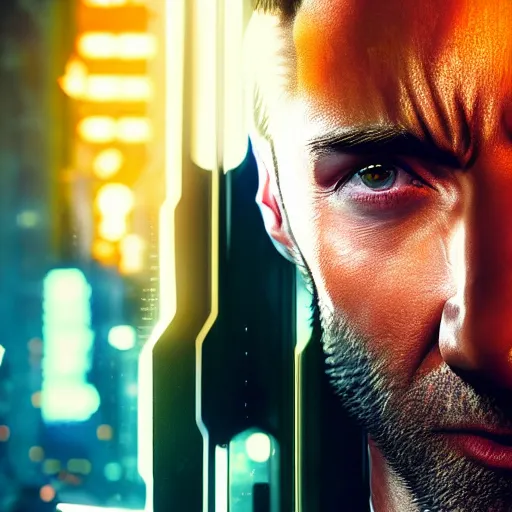 Image similar to hugh jackman portrait, cyberpunk 2 0 7 7, photorealistic, ultra detailed, neon, octane rendered, bokeh, cinematic lighting, cyber, cyberpunk city, feature, scars, cyberface, 8 k