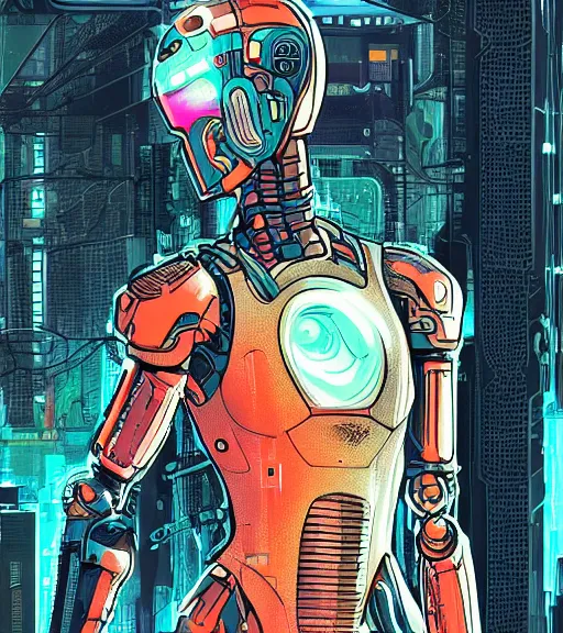 Image similar to robot woman with a hologram for a face, at a cyberpunk market, techwear, dead space, visible face, Industrial Scifi, detailed illustration, character portrait, by Martin Grip and Moebius