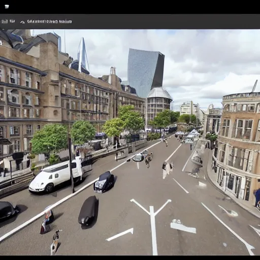 Image similar to screenshot of google street view showing futuristic london