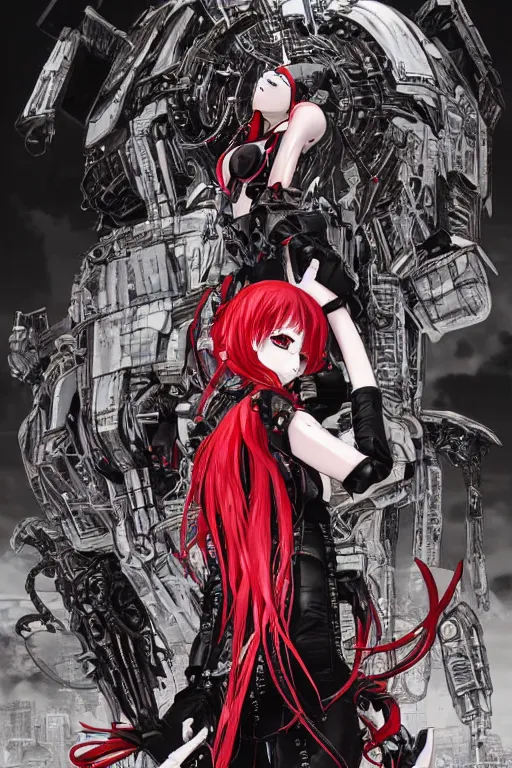 Image similar to highly detailed professional seinen mecha manga cover art of goth woman with red hair, red eyes, leather clothes, black makeup. chunibyo. horror action cyberpunk action manga cover promotional art. detailed intricate environment. pencils by ilya kuvshinov, painted by zdzislaw beksinski, inks & layouts by tsutomu nihei. blame!