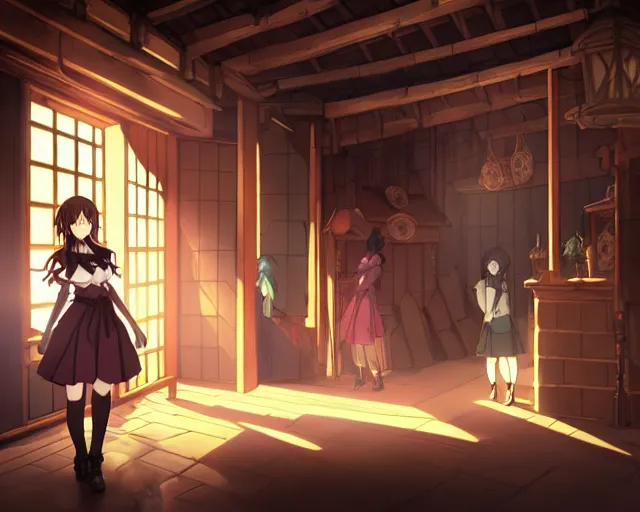Image similar to key anime visual portrait of a young female witch in a tavern interior, dynamic pose, dynamic perspective, cinematic, dramatic lighting, muted colors, fine detail, textured