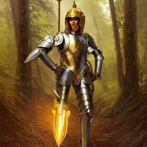Image similar to photo of a humanoid ant - eater dressed in armor with a golden helmet on the head, hold sword in the forest, highly detailed, digital painting, artstation, smooth, sharp focus, illustration, art by artgerm and greg rutkowski and alphonse mucha