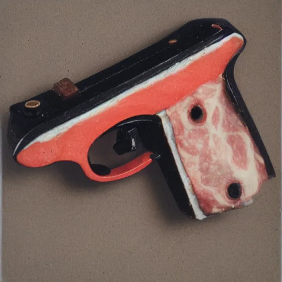Prompt: pistol made out of meat, high quality polaroid photo