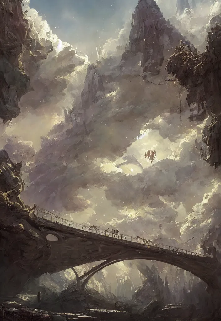 Image similar to a highly detailed epic cinematic concept art CG render digital painting artwork: Rainbow Bridge to the Nine Realms. By Greg Rutkowski, in the style of Francis Bacon and Syd Mead and Norman Rockwell and Edward Hopper, open ceiling, highly detailed, painted by Francis Bacon and Edward Hopper, painted by James Gilleard, surrealism, airbrush, Ilya Kuvshinov, WLOP, Stanley Artgerm, very coherent, triadic color scheme, art by Takato Yamamoto and James Jean