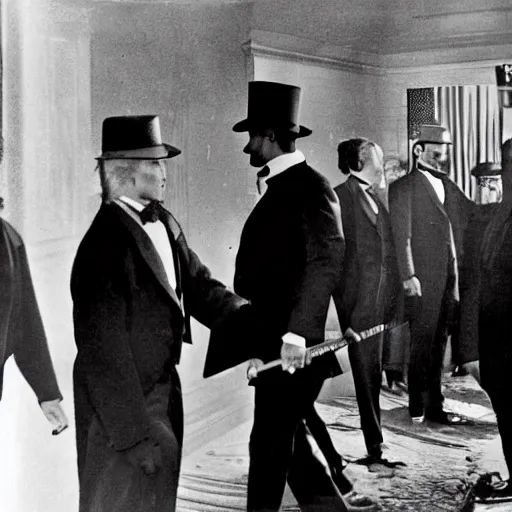 Prompt: Paparazzi photo of Abraham Lincoln entering Ford's Theater