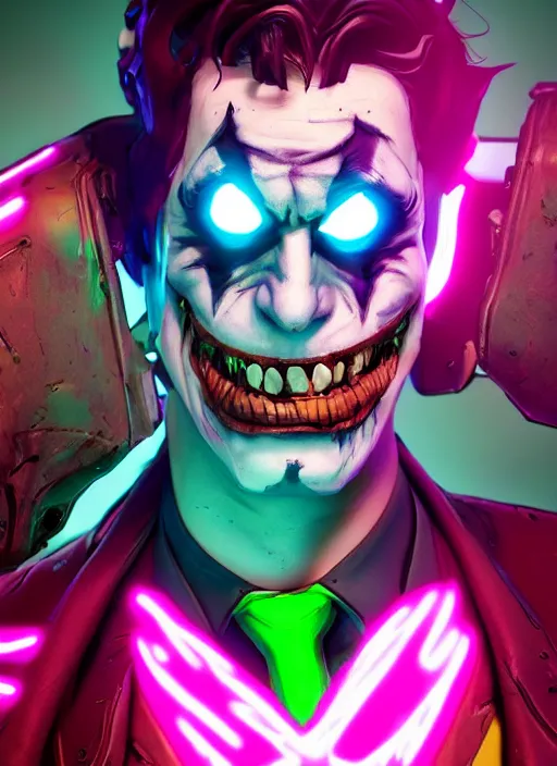 Image similar to glowwave portrait of joker from borderlands 3, heri irawan, hyper detailed, digital art, trending in artstation, cinematic lighting, studio quality, smooth render, unreal engine 5 rendered, octane rendered, art style by klimt and nixeu and ian sprigger and wlop and krenz cushart.