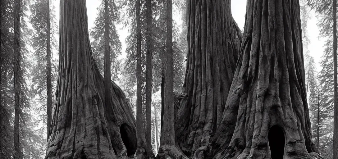 Image similar to house built into and inside a single giant sequoia. photograph by jerry uelsmann.