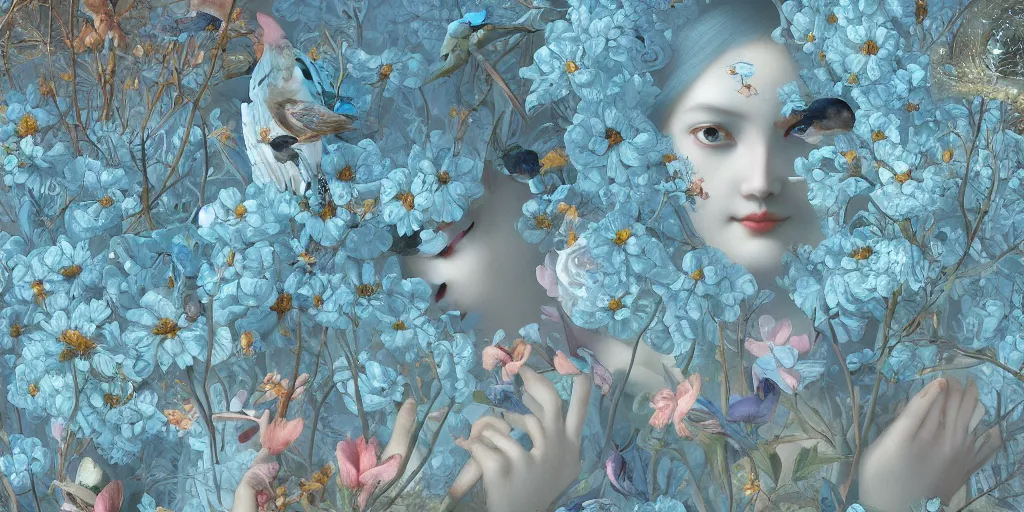 Image similar to breathtaking detailed concept art painting art deco pattern of faces goddesses of light - blue flowers with anxious piercing eyes and blend of flowers and birds, by hsiao - ron cheng and john james audubon, bizarre compositions, exquisite detail, extremely moody lighting, 8 k