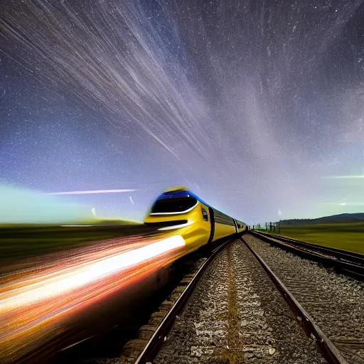 Image similar to A train going through space, 4K, professional photography