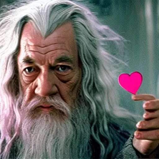 Prompt: portrait of gandalf, wearing a pink hairbow, holding a blank playing card up to the camera, movie still from the lord of the rings