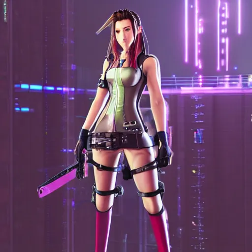 Prompt: Aerith from Final Fantasy wearing cyberpunk plugsuit