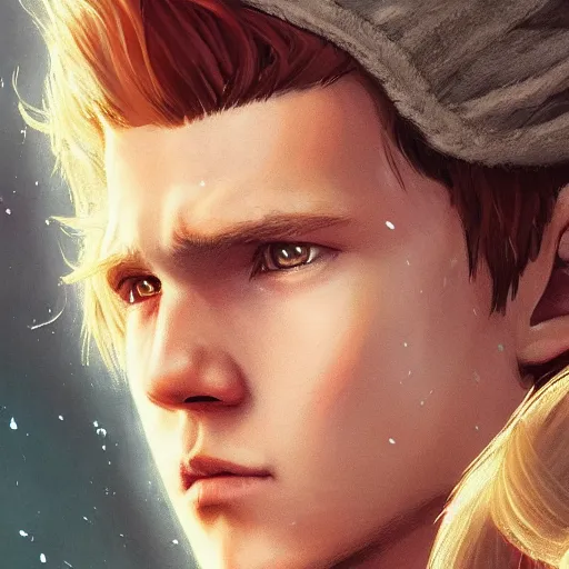 Image similar to Link The movie,live action,played by Tom Holland, blonde hair,detailed 8k,in the style of a movie poster,close up,by rossdraws and greg rutkowski