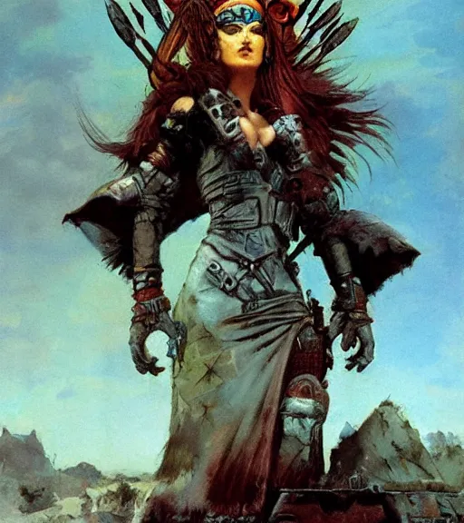 Image similar to mighty princess of the wasteland, scrap metal headdress, strong line, deep color, cloudy sky, beautiful! coherent! by brom, by frank frazetta, low angle