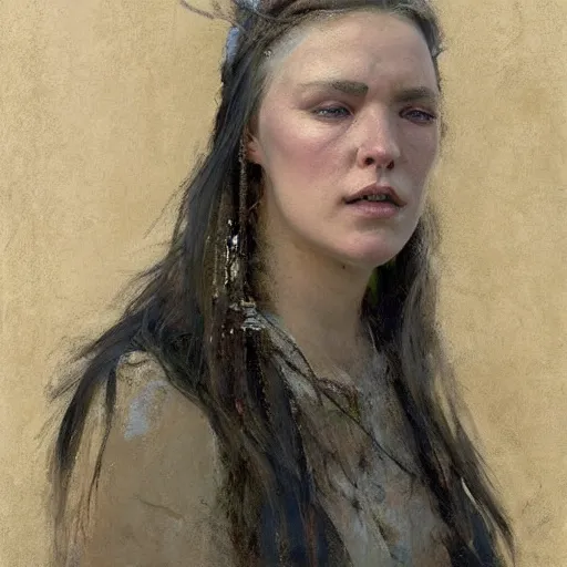 Image similar to Richard Schmid and Jeremy Lipking full length head and body portrait painting of A shield-maiden (Old Norse: skjoldmø [ˈskjɑldˌmɛːz̠]) was a female warrior from Scandinavian folklore and mythology. Shield-maidens are often mentioned in sagas such as Hervarar saga ok Heiðreks and in Gesta Danorum. They also appear in stories of other Germanic peoples: Goths, Cimbri, and Marcomanni.[1] The mythical Valkyries may have been based on such shield-maidens. She carries a shield on one arm, and a spear in her other hand