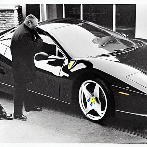 Prompt: man licking a Ferrari in front of the salesman, old school