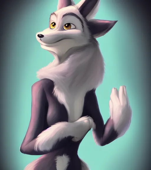 Image similar to full body oil painting of anthromorphic furry female wolf, in style of zootopia, female fursona, furry, furaffinity, 4 k, deviantart, furry art, fursona art, wearing black business suit, business suit, wolf fursona, expressive feminine face, female,