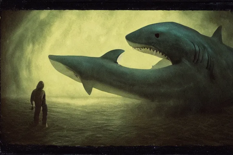 Image similar to giant shark cursed by the bite, painted by bob eggleton and lee brown coye and don maitz and michel granger, trending on artstation, dark atmospheric lighting rear view sacred geometry, tintype, portrait, positivism, tachisme