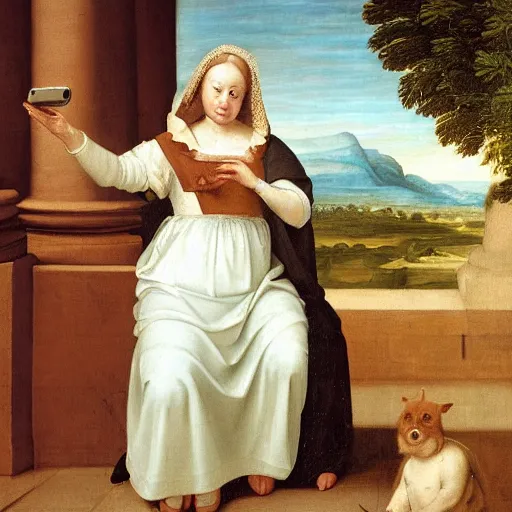 Image similar to renaissance painting of a lady in a white dress smiling at the camera whilest holding and pointing towards a smartphone.