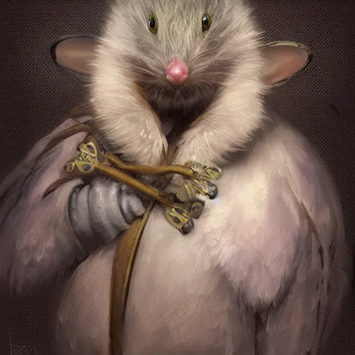 Prompt: portrait character design, a cute feathered mouse ashigaru plumed by brian froud, portrait studio lighting by jessica rossier and brian froud and gaston bussiere