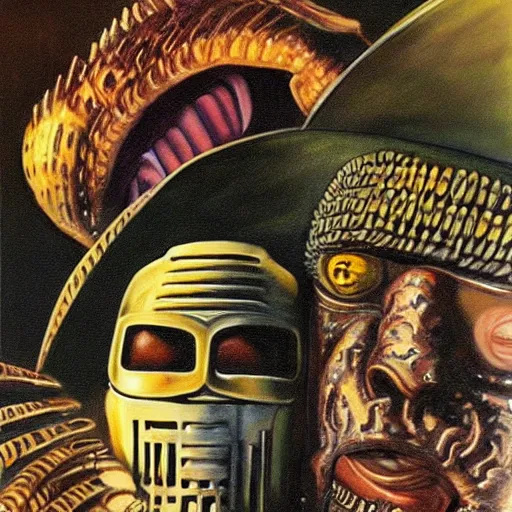 Image similar to beautiful lifelike painting of mf doom as king ghidora being taken to your leader, hyperreal detailed facial features and uv lighting, art by ed roth and basil wolverton