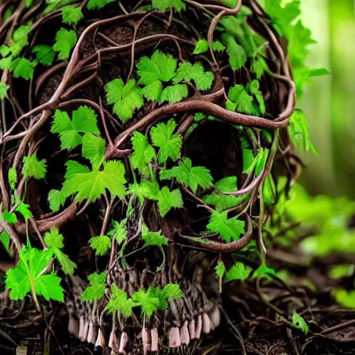Prompt: dark vines growing through a human skull in the woods