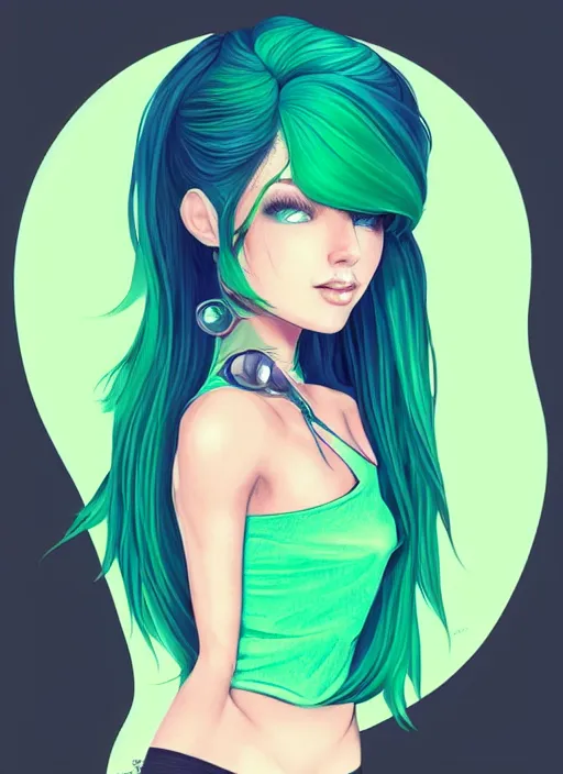 Prompt: a cool girl with green hair, a 7 8 4 3 hairstyle, wearing a tanktop, highly detailed, stylized, portrait, concept art, vector line art, blue sky background, illustration by artgerm, artstation