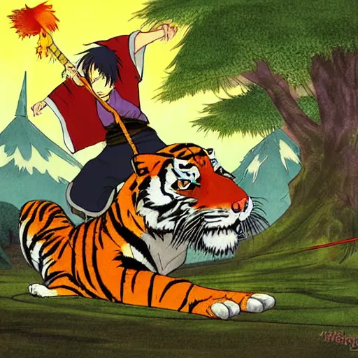 Prompt: A Wizard battling a Tiger by miyazaki miyamoto