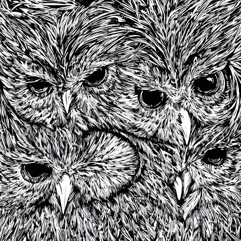 Image similar to black and white illustration head of a owl, super detailed, by dan mumford, by aaron horkey, high contrast.