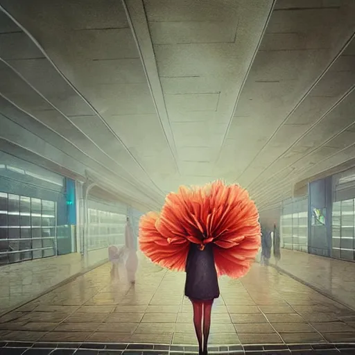 Prompt: giant carnation flower head, woman walking in a metro station, surreal photography, dramatic light, impressionist painting, digital painting, artstation, simon stalenhag