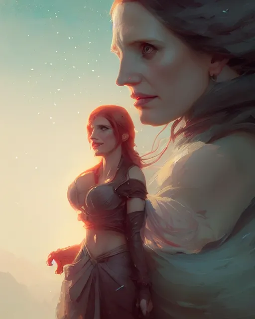 Image similar to portrait of jessica chastain, unreal engine, fantasy art by greg rutkowski, loish, rhads, ferdinand knab, makoto shinkai and lois van baarle, ilya kuvshinov, rossdraws, tom bagshaw, global illumination, fan art, radiant light, detailed and intricate environment